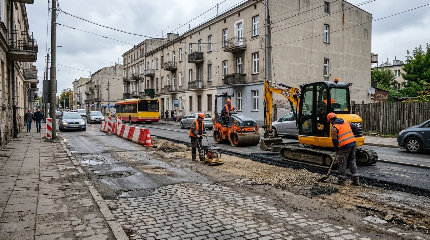Modernizacja ulicy Rolniczej w Łodzi. Trwają prace drogowe na odcinku od ul. Płaskiej do ul. Ideowej